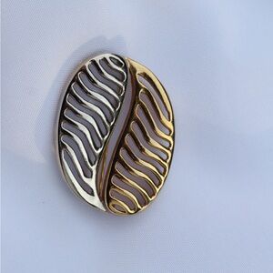 Vintage Enamel Gold and Silver Wave Leaf Brooch, Abstract Fall Pin Style